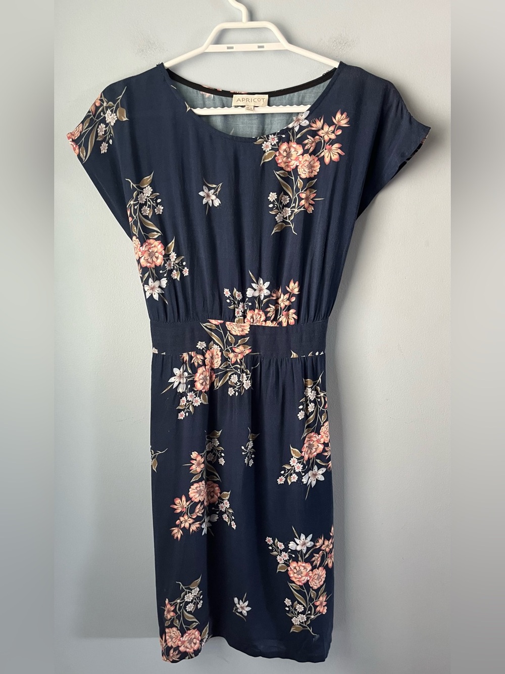 Apricot Navy Floral Cap Sleeve Mini Dress Peach Blooms Elastic Waist Tie Size 4